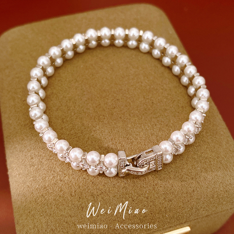 Pulsera de perlas de doble capa con cuentas de piedra de silicio ligera de lujo nicho pulsera de alta calidad temperamento exquisito joyería al por mayor