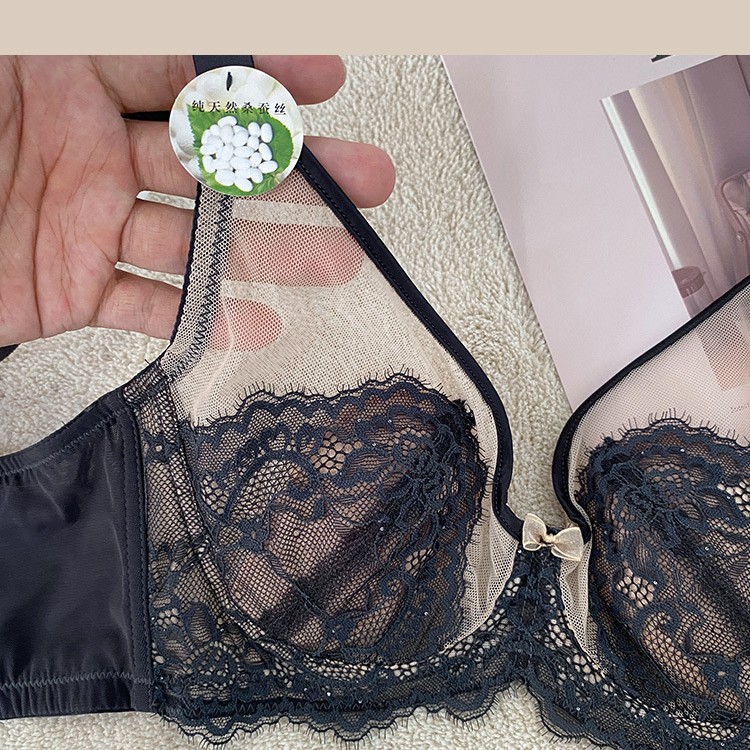 6603 ropa interior de copa de cristal para mujer, pecho grande ultrafino, pequeño, tipo ajustable, conjunto de sujetador de anillo de acero suave anti-inferior