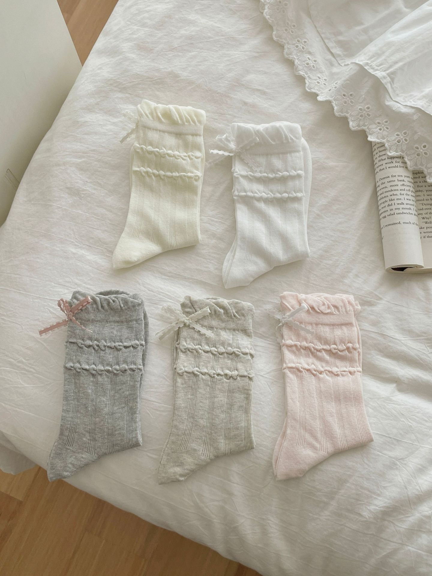 Coquette Romantic Ribbed Cotton Ruffle Bow Crew Socks For Sweet Vintage Styling Detail View 1