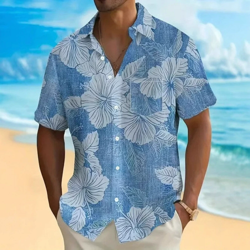 2025 Летняя новая гавайская рубашка с цветочным 3D принтом, свободная мужская рубашка с коротким рукавом в европейском и американском стиле