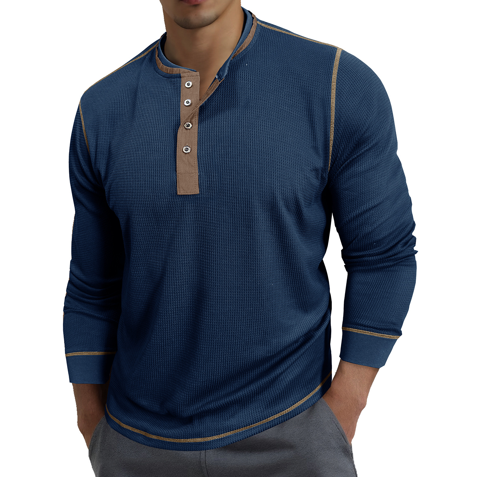 K Men's Round Neck Contrasting Long Sleeved Polo Shirt T-shirt Sweatshirt Retro Base Henley Collar Top_viptrois.com
