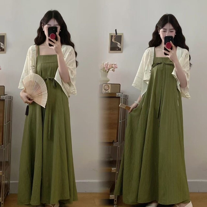 Plus-Size New Chinese-Style Ultra-Fairy Improved Hanfu Over-The-Knee Slimming Dress with National Style Cardigan Two-Piece Set Plus-Size New Chinese-Style Ultra-Fairy Improved Hanfu Over-The-Knee Slimming Dress with National Style Cardigan Two-Piece Set