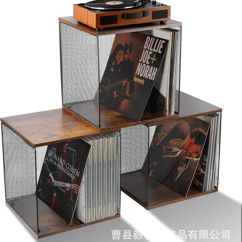 Cross-Border Vinyl Record Storage Rack, Classical Music Record Storage Rack, Iron and Wood Combination Stackable Record File Rack