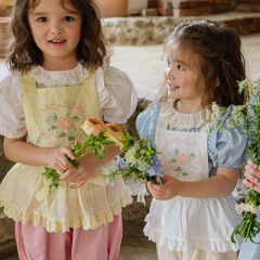 2024夏款草莓珊女童女孩兒童鏤空刺繡花邊疊穿外搭圍裙背心裙預售