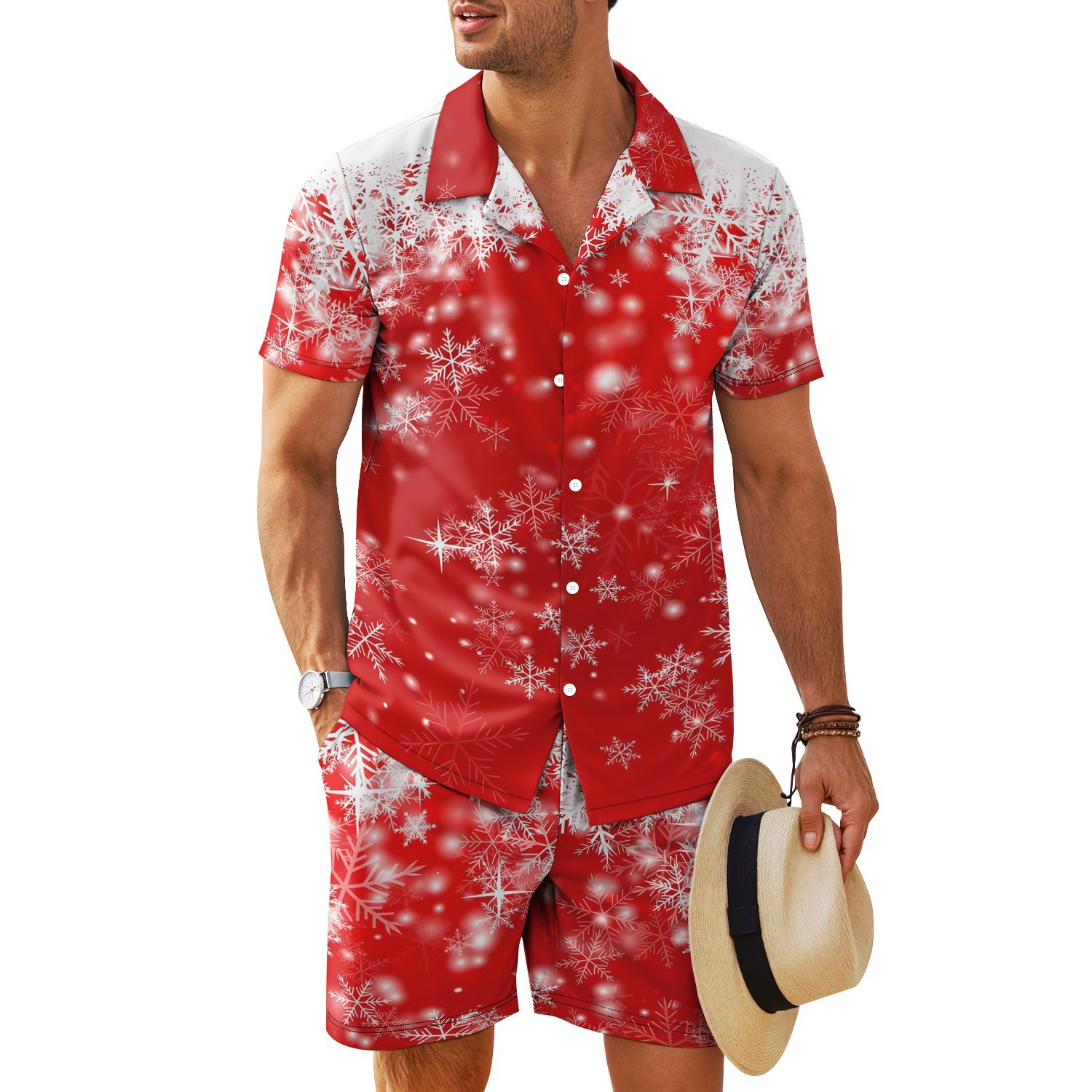 Transfronterizo 2025 nuevo estilo Amazon europeo y americano patrón de nieve cuello cubano camisa de manga corta pantalones cortos traje MB34 MA04