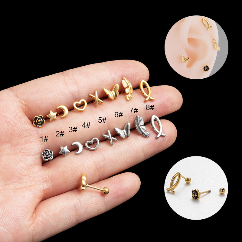 Henson new Korean style mini stainless steel stud earrings single-head five-pointed star small flower men's and women's fashion all-match ear bone stud