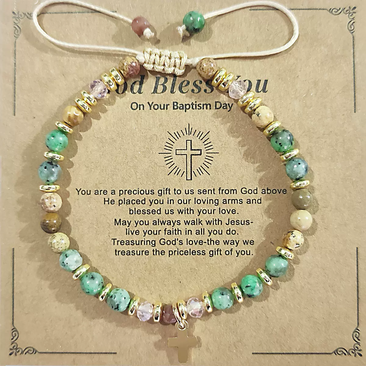 信仰十字架手链金色隔片菱形珠串珠宗教礼物天然石金色十字架手链