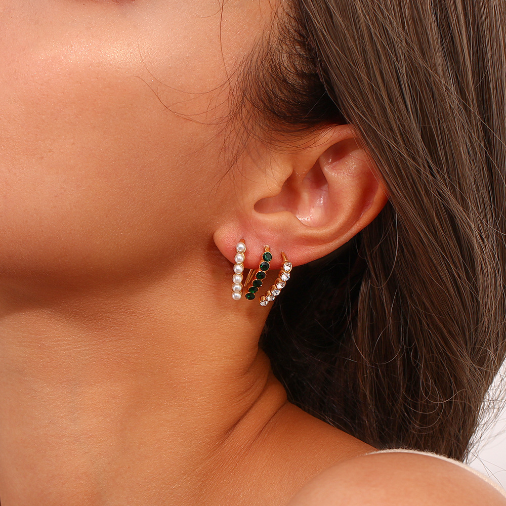 Zircon Pearl Inlaid Fishhook Stainless Steel Earrings