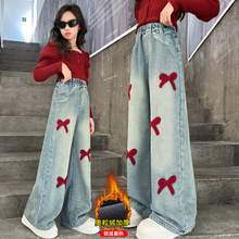 女童牛仔裤秋冬儿童加厚阔腿裤2025冬季新款中大儿童加绒直筒裤子