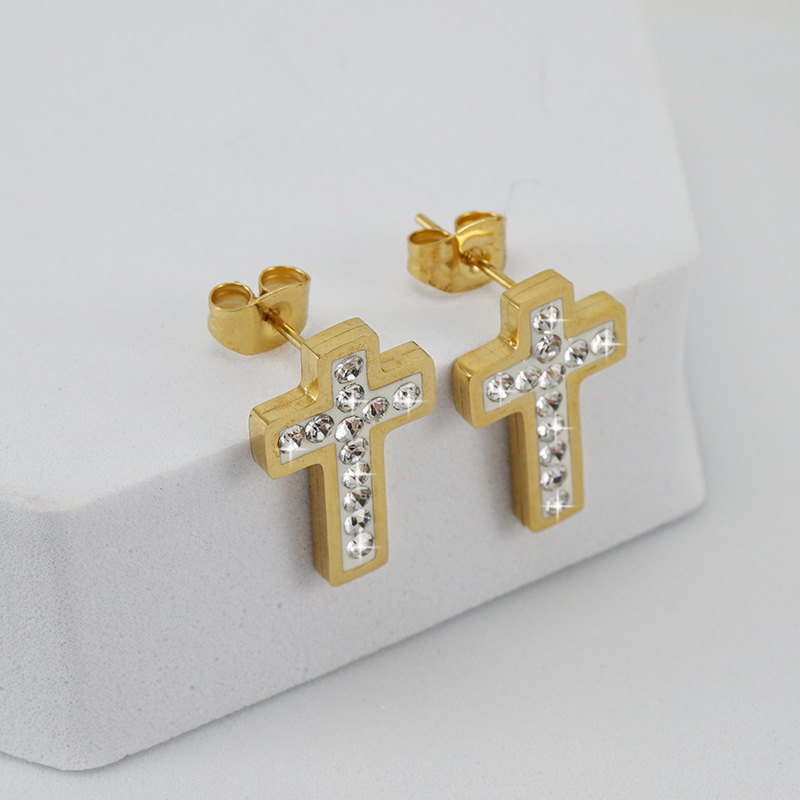 Simple Style Cross Titanium Steel Ear Studs Rhinestone Stainless Steel Earrings display picture 1