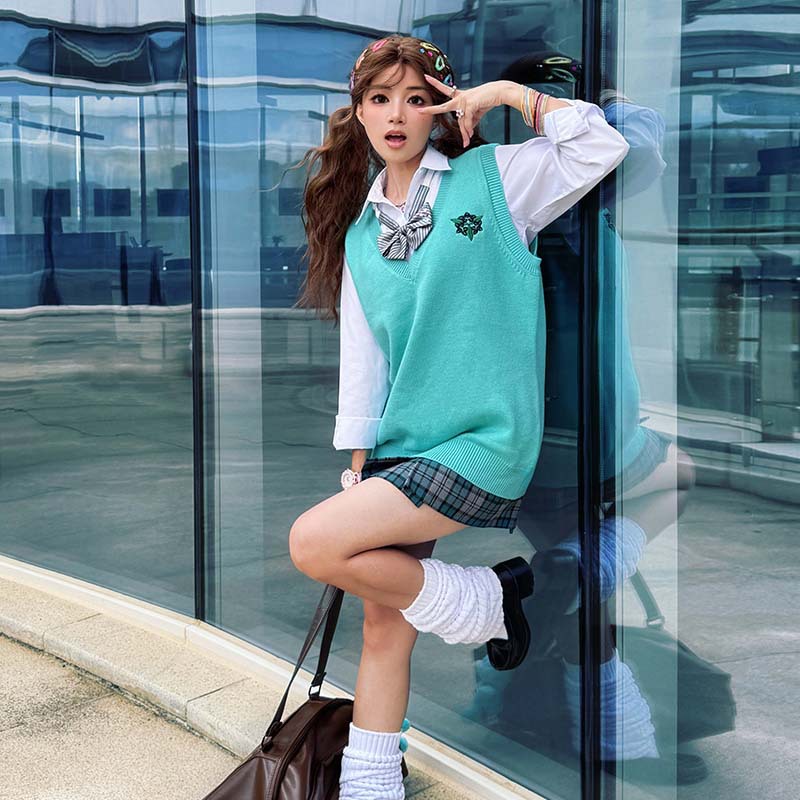(2개) JK 유니폼 니트 조끼 녹색 조끼 가을 겨울 스타일 레이어드 학교 스타일 대학 스타일