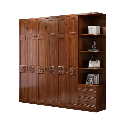 胡桃木实木衣柜四门五六门现代简约中式木质衣橱收纳储物卧室家具