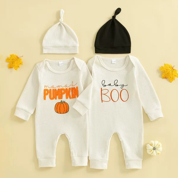 Newborn Baby Waffle Clothes Autumn and Winter Halloween Pumpkin Letter Embroidery Long Sleeve Romper + Hat