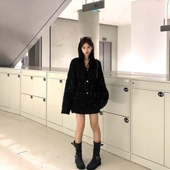 韩版时尚黑色亮片毛衣外套女2025春秋季宽松休闲慵懒针织开衫上衣