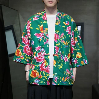 男士休闲中袖开衫中国风东北大花大码防晒衣夏A100-256-P30