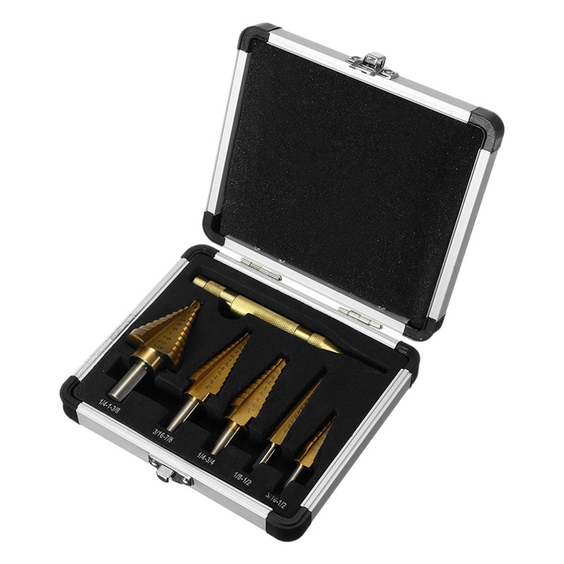 Taladro de pagoda en caja de aluminio británico Chapado en titanio de 6 piezas Escalera multifuncional Ranura recta Taladro central de escariado de acero de alta velocidad