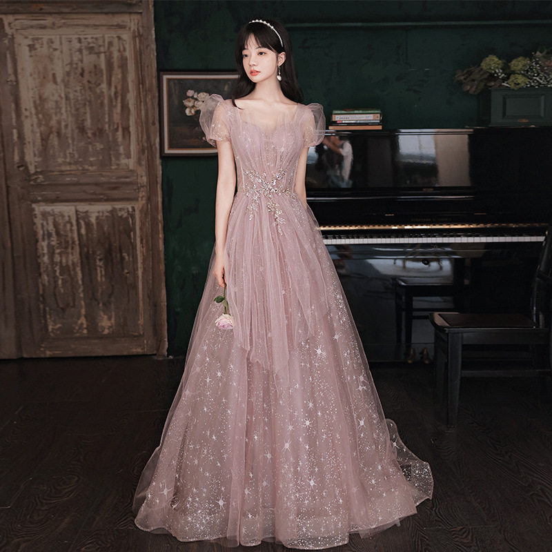 Vestido de noche con mangas abullonadas para mujer, nuevo estilo 2026, elegante, estilo bosque de hadas rosa, para fiesta, banquete, presentación.