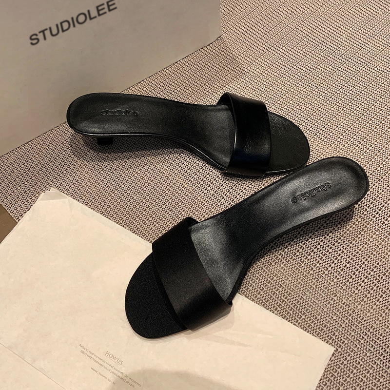 Sheepskin Grape Mom Normcore Style Silk One-Strap High-Heeled Shoes Kitten Heel Slippers Women's Summer Outer Sandals