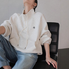 JWUNIQUE酒窝灰色长袖半拉链抽绳卫衣女2025秋季新款宽松套头上衣