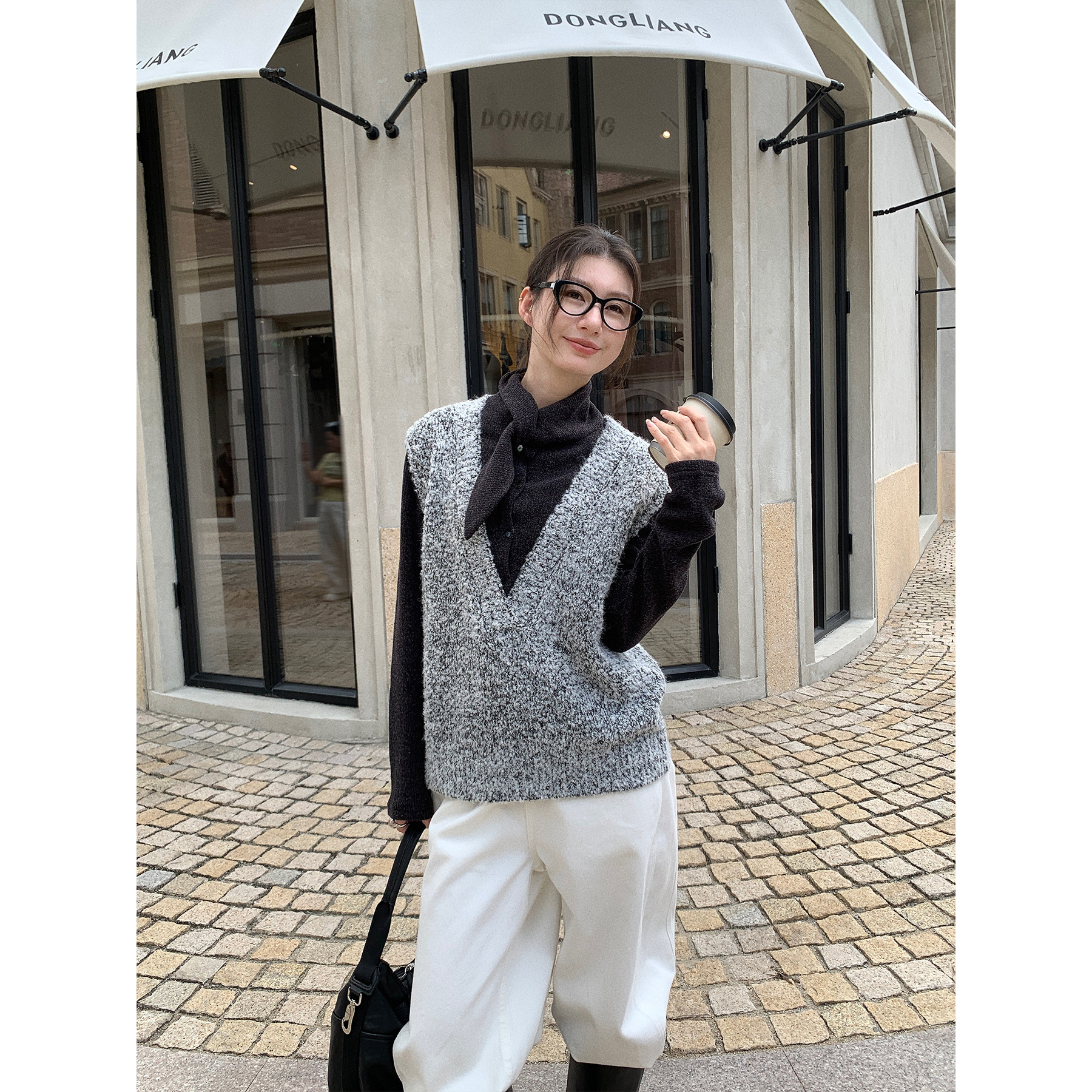 NEIHE内赫2025年毛织拼接假两件女式厚毛衣宽松慵懒女冬季257355