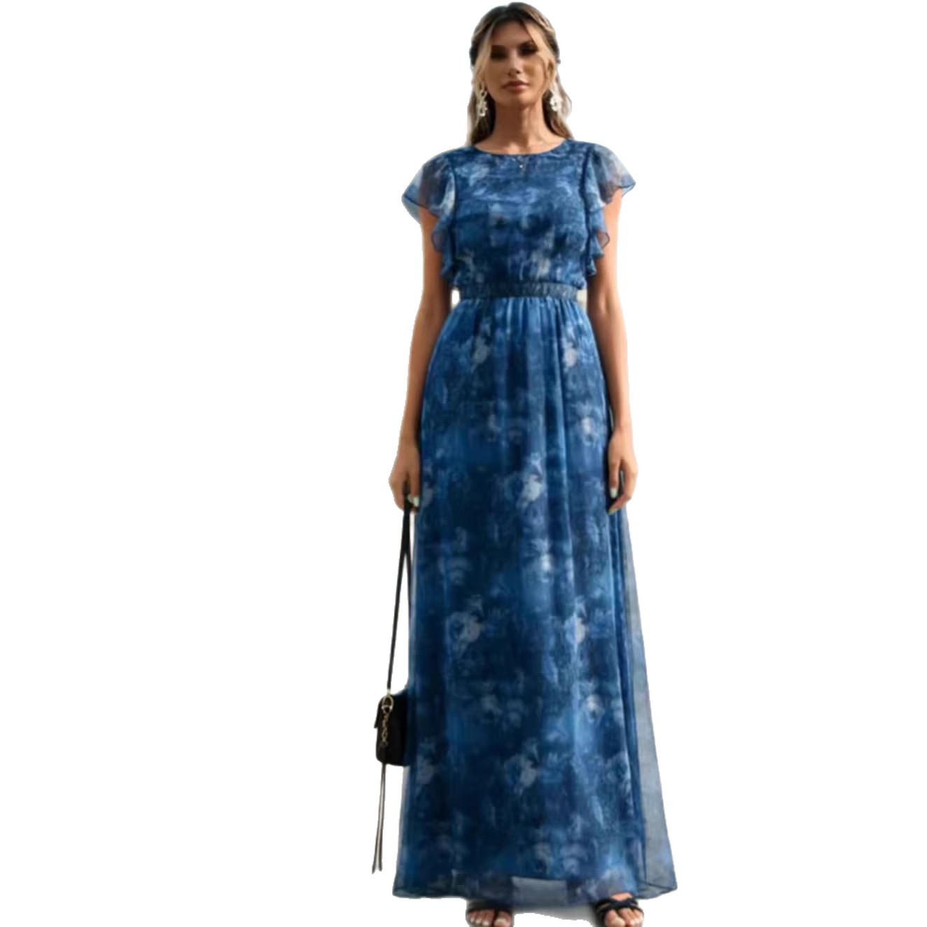 Women V Neck Floral Print Mesh Ruffle Hem A Line Big Swing Party Dress Bridesmaid Dress Prom Evening Gown_ecoleips.com