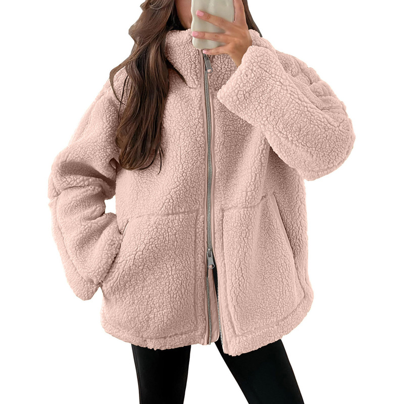 Cross-Border 2025 Amazon European and American Style Autumn and Winter New Women's Clothing Solid Color Lazy Style Lamb Wool High-Neck Woolen Coat