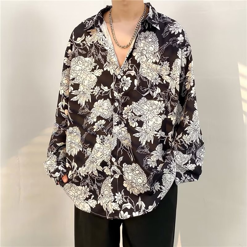 One-piece dropshipping cross-border Harajuku long-sleeved floral shirt, trendy men's shirt for spring and autumn, retro Hong Kong style casual.