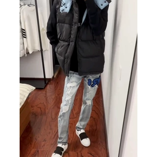 外贸春秋新款轻奢字母刺绣破洞牛仔裤男闪电高街痞帅休闲长裤子潮