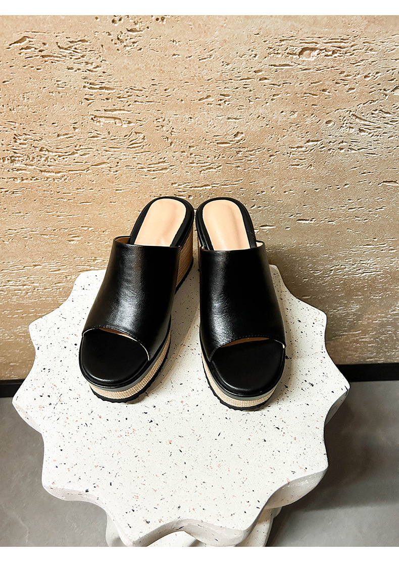 Sandal cao gót nữ mũi hở đế xuồng bọc cói phong cách La Mã — màu đen, màu trắng ngà chi tiết 16
