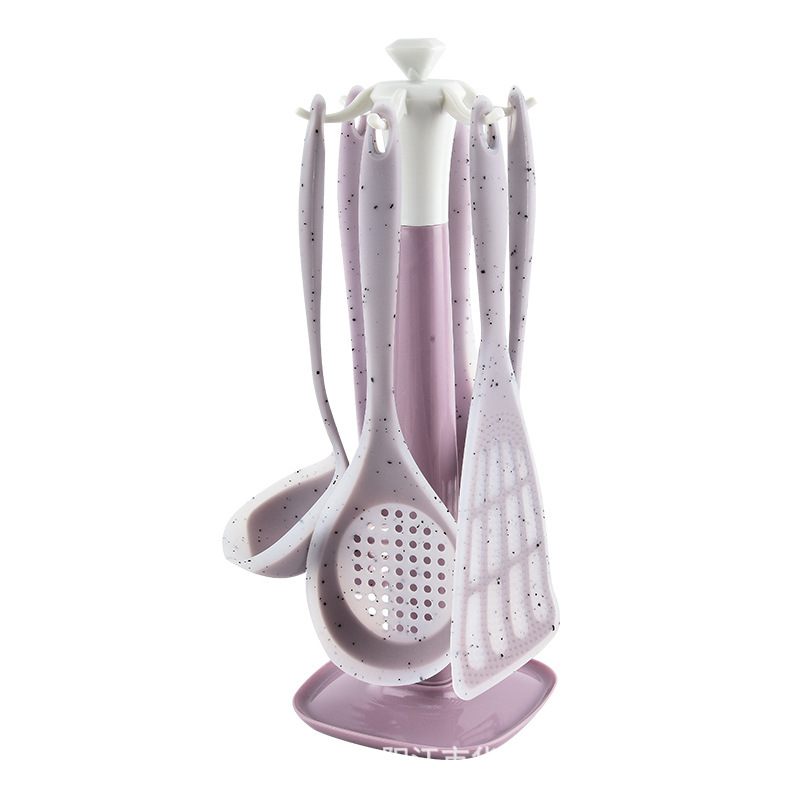 Utensilios de cocina transfronterizos de puntos de color, espátula de silicona semipermeable, soporte de almacenamiento de siete piezas de silicona, colador de pala de silicona en stock