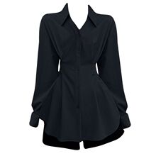 大码胖MM秋季上衣设计感长袖收腰衬衫女显瘦翻领别致黑色衬衣