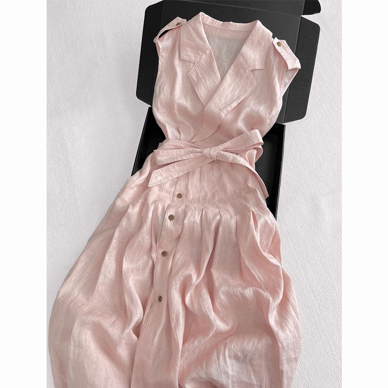 Awesome Stuff, Huge Explosion! Age-Reducing Long Skirt for Women, Unique and Beautiful Linen Pink Sleeveless Strappy Dress for Summer