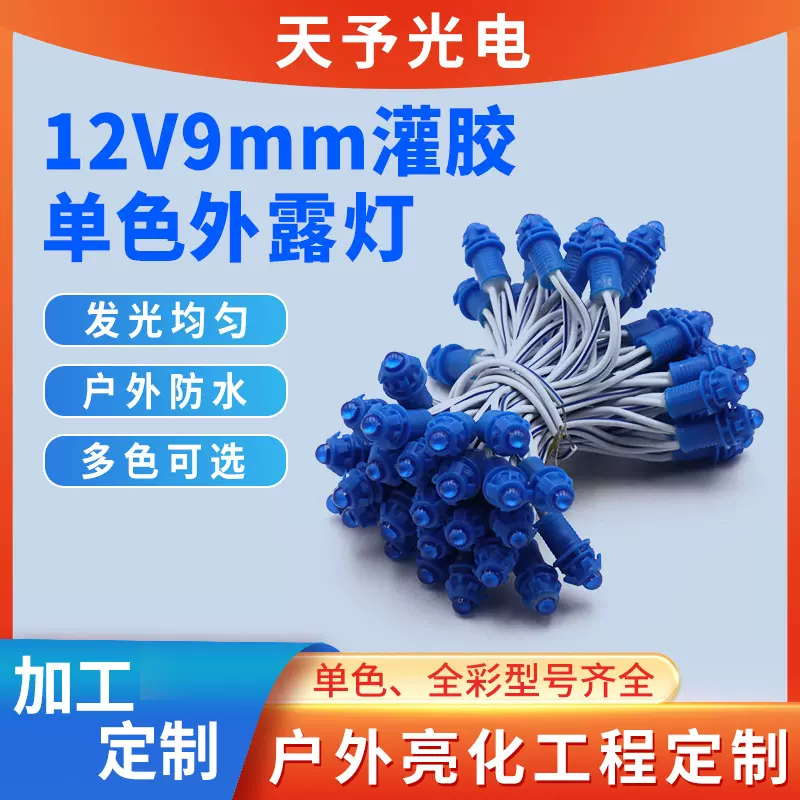 12V9mm灌胶单色LED灯串单色防水外露灯串穿孔灯户外装饰照明灯条