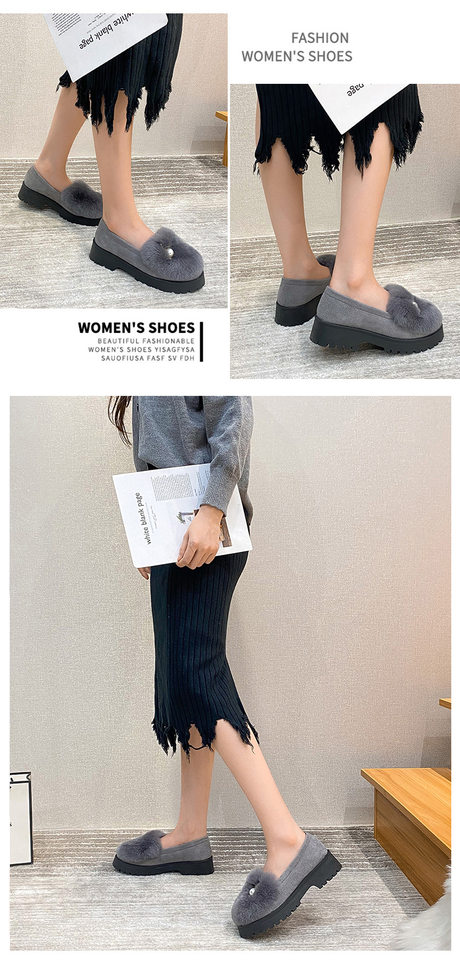 Giày lười nữ lông thỏ thật giữ ấm, đế dày gót vuông 3-5 cm, kiểu Hàn — Màu xám, Màu đen chi tiết 17