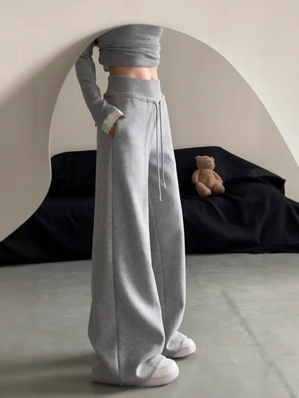 灰色运动裤女2025新款秋季休闲宽松垂感阔腿裤拖地直筒高腰卫裤子|undefined