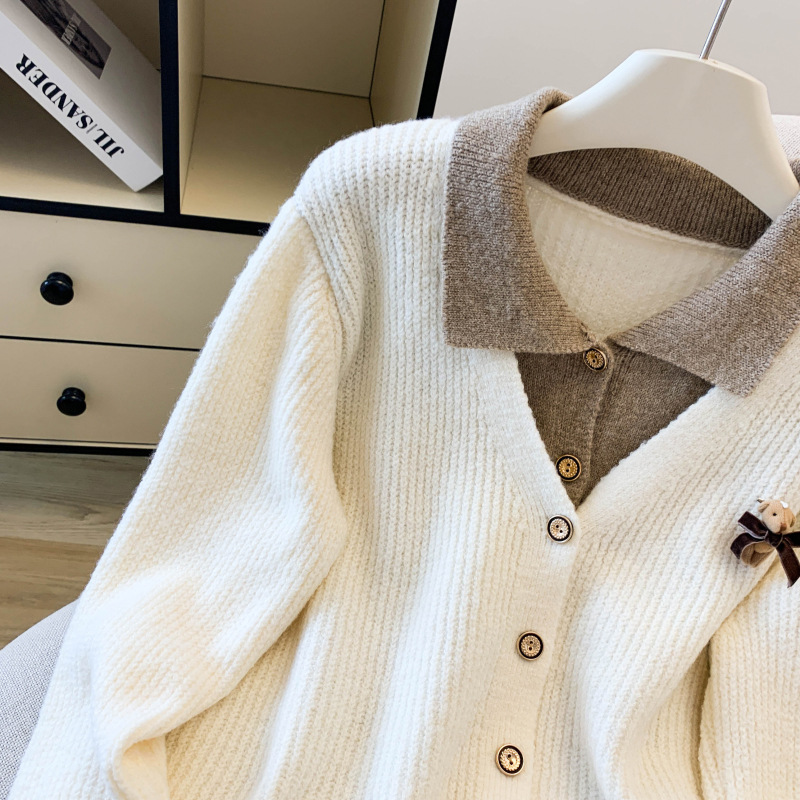 Elegant Notch Lapel Knit Cardigan For Women - Winter Staple With Fake Two-Piece Design, 3D Effect, Long Sleeve (Gray/Black/Red/Khaki/Beige)​_ecoleips.com