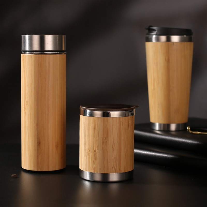 Transfronterizo nuevo taza de oficina de bambú con mango de alta capacidad de doble vacío 304 taza de aislamiento de acero inoxidable al por mayor