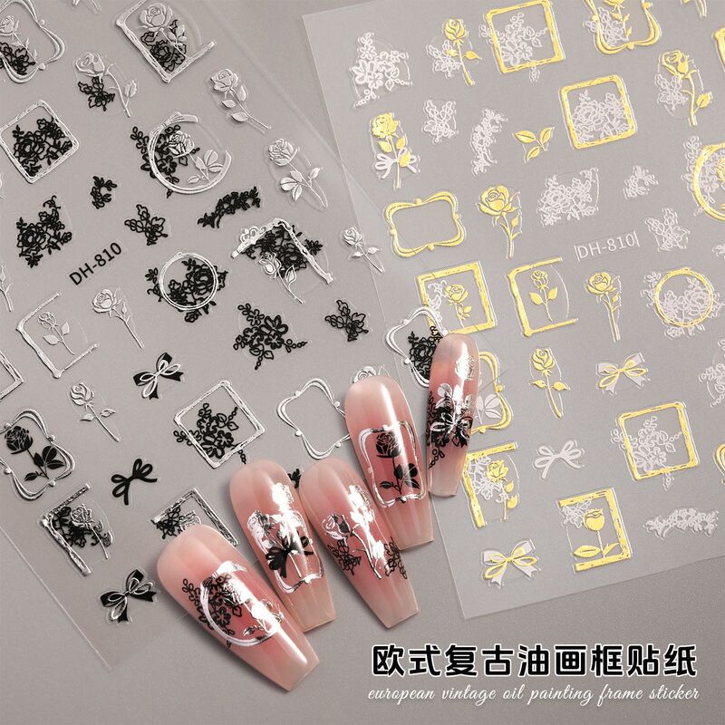 Retro Oil Painting Frame Nail Sticker Jewelry Flat with Adhesive Backing European Accessible Luxury Oil Painting Frame Nail Sticker Dh Style