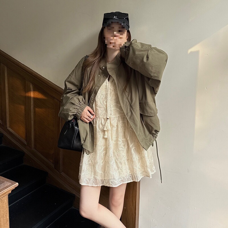 Official Match! French-Style Fine Glitter Fairy Embroidery Dress/Tencel Cotton Washed Vintage Army Green Jacket Trench Coat