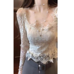 纯欲白色法式方领长袖蕾丝衫女春季露背气质修身内搭打底短款上衣