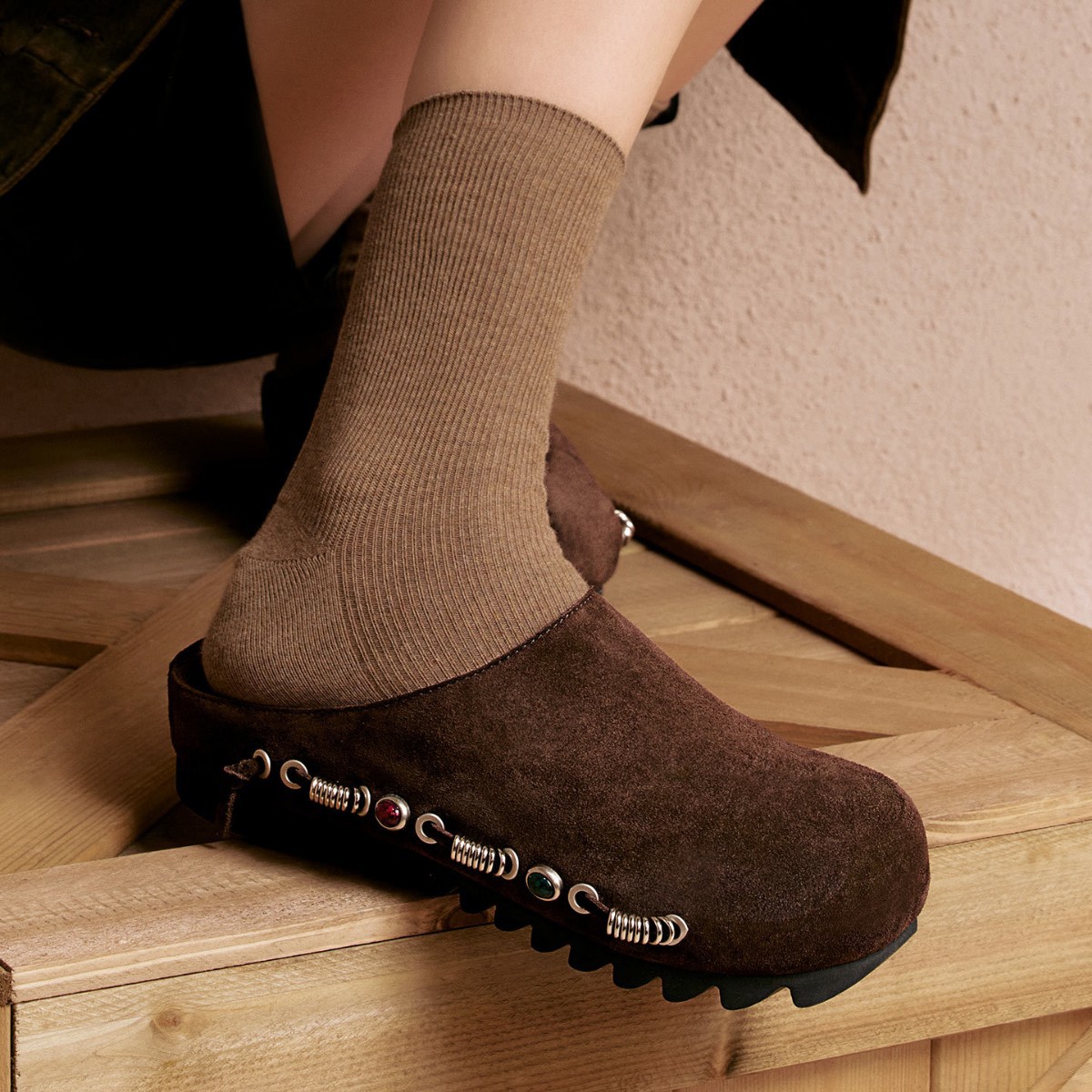 【现货】章若楠同款真皮包头勃肯半拖鞋女厚底复古金属扣懒人单鞋