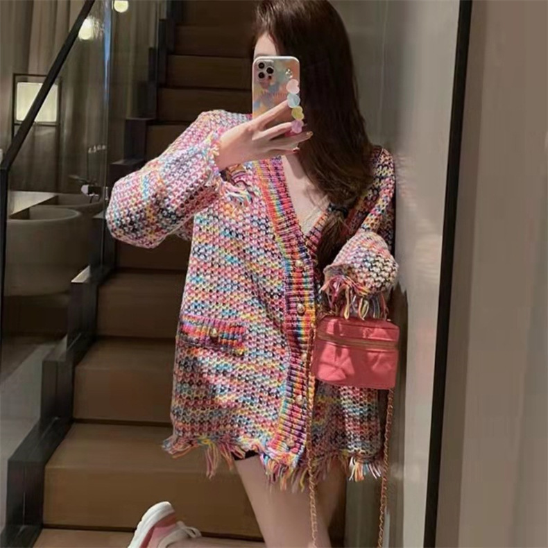 韩系女装秋季法式小香风彩色编织针织外套女设计感毛衣女开衫潮|undefined