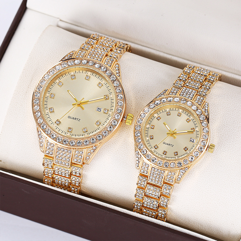 Cross-border New Casual Fashion Steel Band Diamond Men's and Women's Watch Full Diamond Light Luxury Couple Calendar Quartz Watch Manufacturers