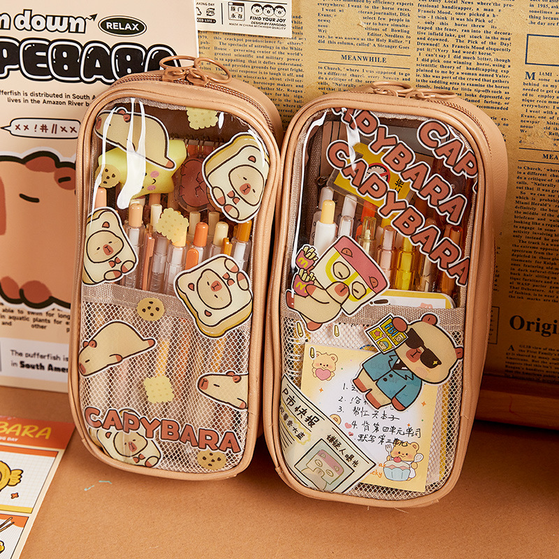 Capibala bolsas de lápiz transparentes de gran capacidad de estudiantes de primaria lindas cajas de papelería resistentes al agua pequeñas cajas de lápiz multicapa
