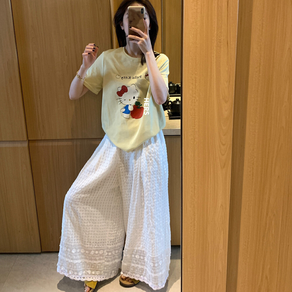 Hers una cucharada de pantalones casuales con costuras de encaje dulces, simples y casuales, pantalones anchos sueltos de primavera y verano para mujer 20589 image 5