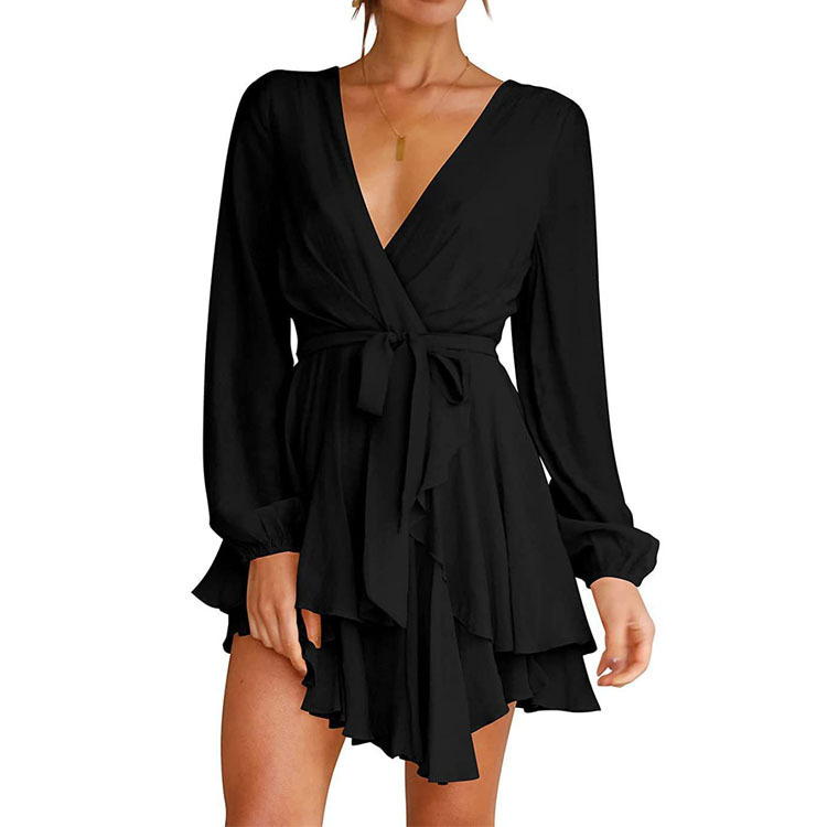 New Style Deep V-Neck Long-Sleeved Dress with Waist Tie, Pleated Mini Skirt, Skating Dress