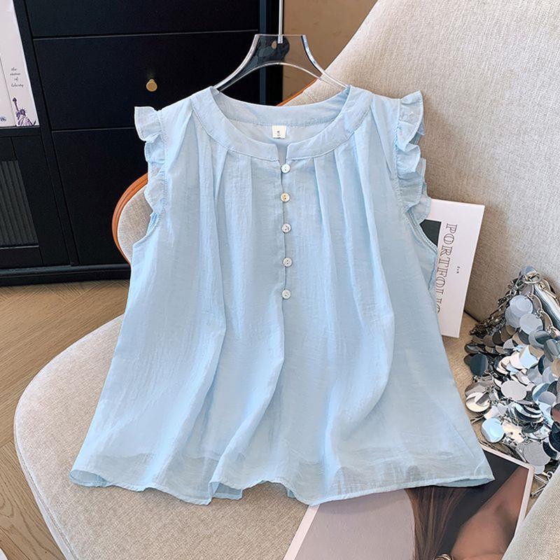 Girls' Shirt Summer New Style Children's French-Style Ruffled Sleeveless Top Thin Chic Chiffon Blouse for Older Kids