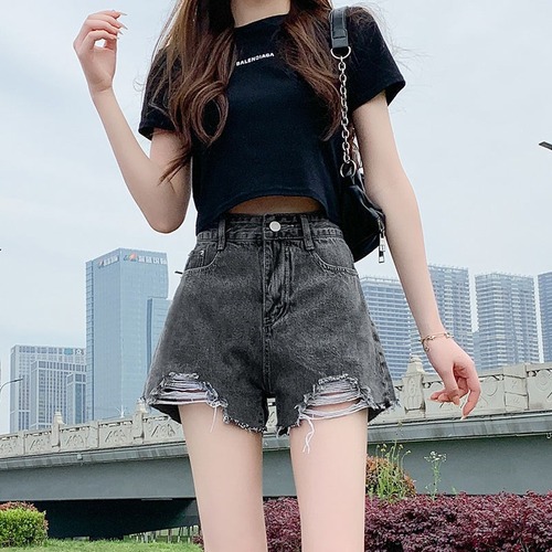 Women's Slim Denim Shorts, Hot Girl Street Style, Instagram Slimming Loose High-Waisted Hole Flared A-Line Ultra Short Summer Shorts
