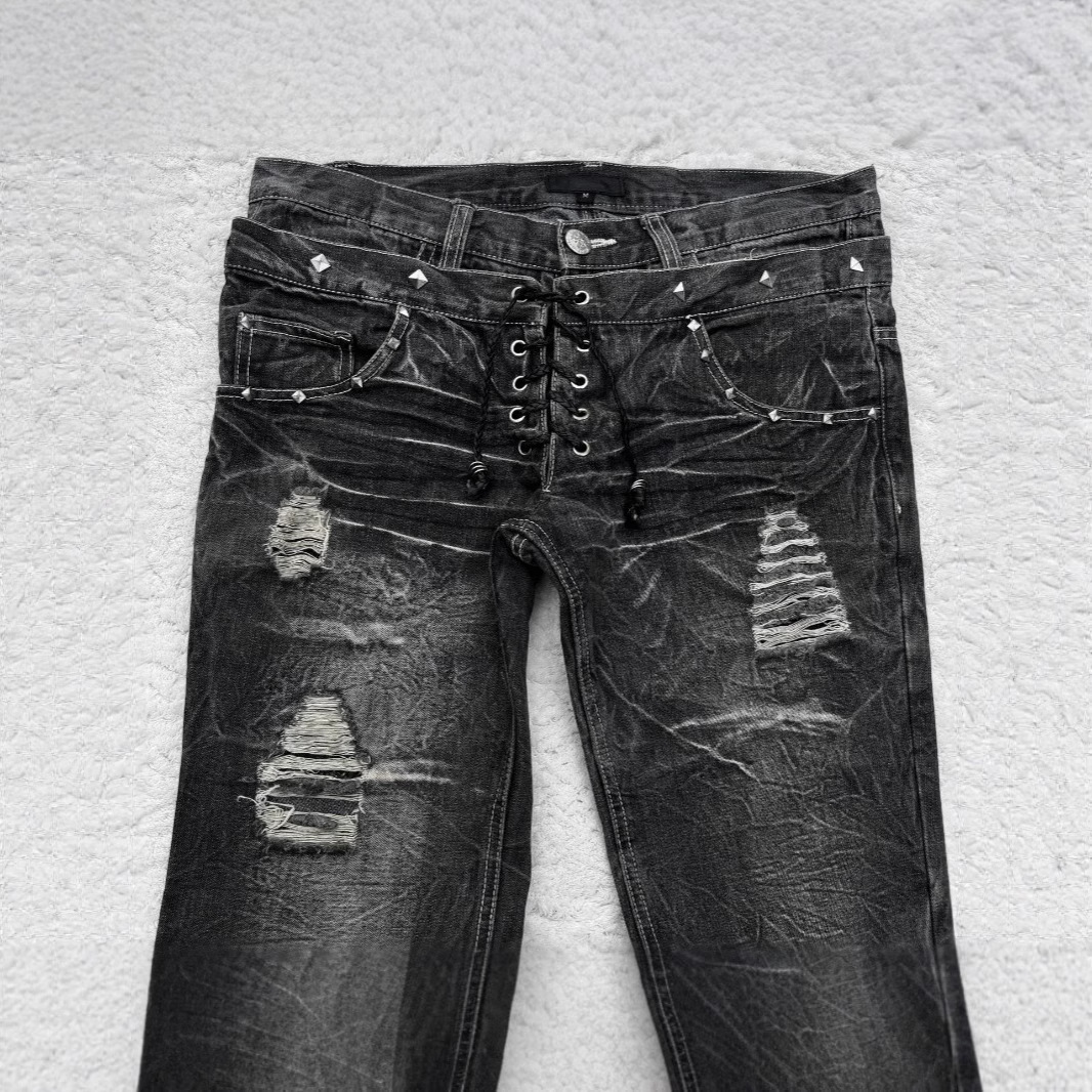 Transfronterizo americano y2k vaqueros lavados con agua gótico retro cinturón doble de diseño callejero pantalones para hombres y mujeres