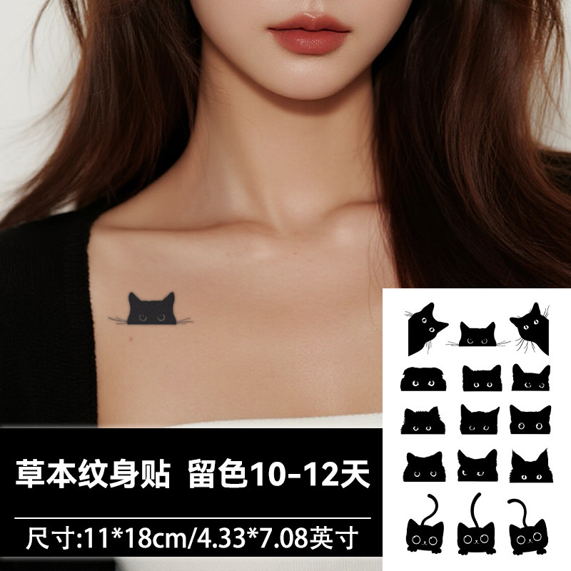 Little Black Cat Flower Arm Herbal Juice Semi-Permanent Tattoo Sticker Waterproof Long-Lasting Female Cat Arm Sexy Sticker Wholesale